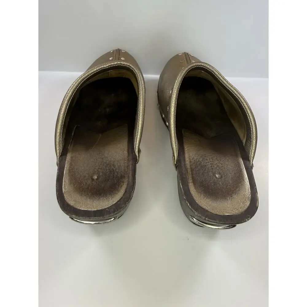 Michael Kors Gold Studded Leather Mule Wedge Heels Closed Toe Slip On 8 M